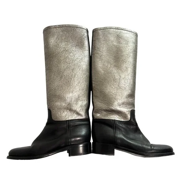 Chanel Two-Tone Leather Riding Boots in Black/Silver - Picture 1 of 6